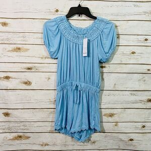 Ella Moss Girls Romper Boho Lace Trim Smocked Neck Light Blue Size 12